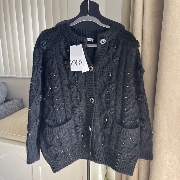 New Zara cardigan cable knit Oversized Jewel Rhinestones Beads Black sweater S - Picture 4 of 12